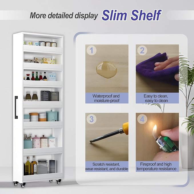 7-Tier Slim Storage Cart, Wooden Rolling Pantry Cabinet with Wheels, Narrow Shelf Organizer for Kitchen, Bakers Rack, Dining Room, Closet, Small Spaces Warm White 73.2''H*7.8''W*19.6''D