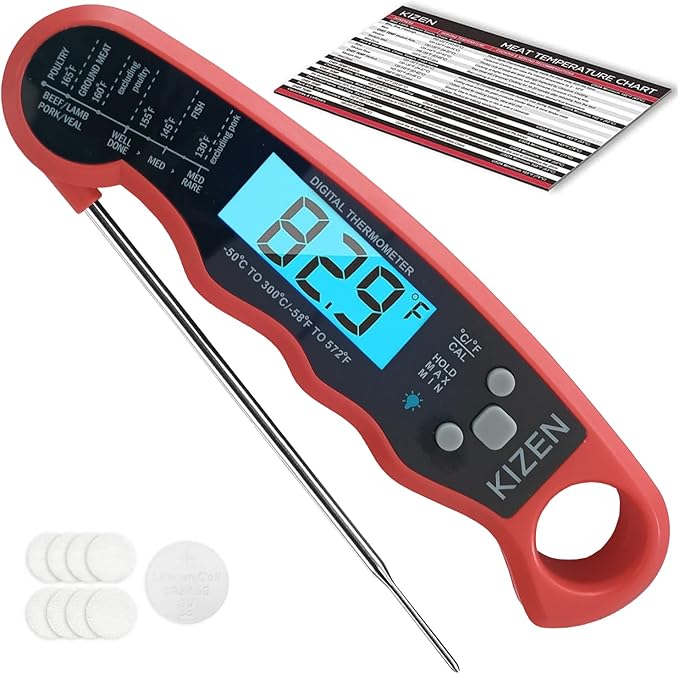 KIZEN Instant Read Meat Thermometer Digital - Food Thermometer for Cooking, Grill, Oven, BBQ - IP67 Rated Waterproof - Large Backlit Display and Magnetic Back