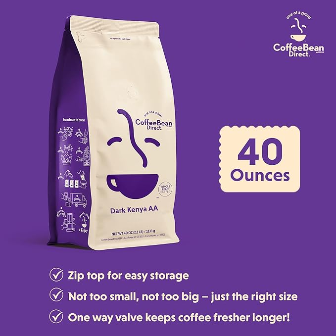 Coffee Bean Direct Dark Kenya AA, Whole Bean Coffee, Dark Roast, 2.5 Pound Bag (Pack of 1)
