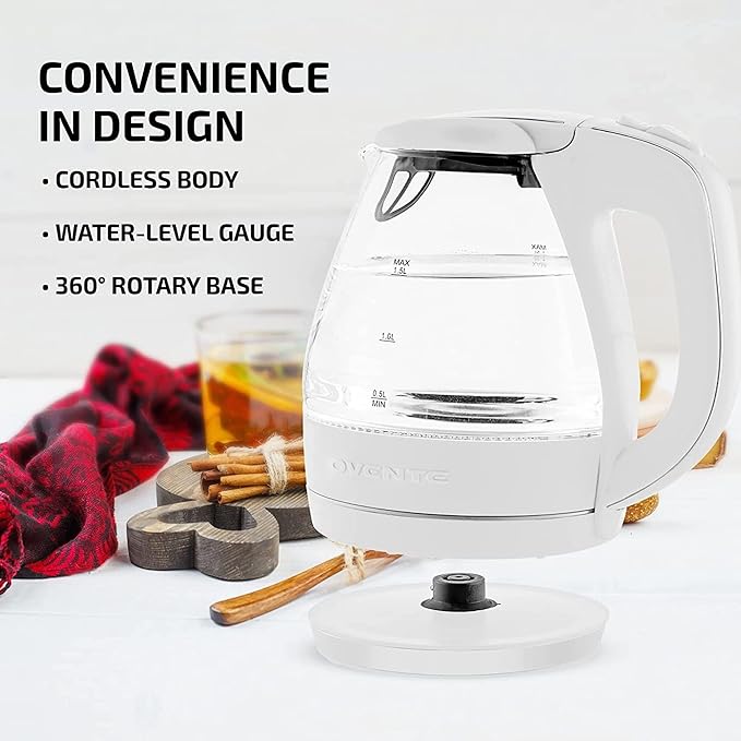 OVENTE Electric Kettle, 1.5L Borosilicate Glass Countertop Water Heater and Boiler for Coffee or Tea, BPA-Free, Auto Shut-Off, Boil-Dry Protection, Removable and Washable Spout Filter, White KG83W