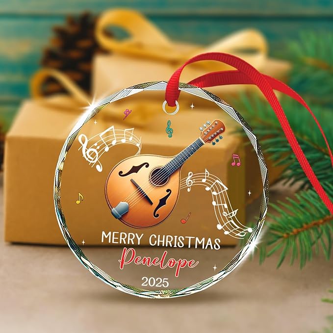 Personalized Mandolin Glass Ornament Xmas 2025, Musical Instrument Christmas Ornament Gift for Mandolin Player, Customized Text & Name Mandolinist Glass Keepsake, Instrument Lover Christmas Ornaments