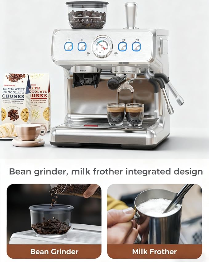COWSAR 20 Bar Espresso Machine with Grinder & Milk Frother Steam Wand, 58mm Expresso Coffee machines, Commercial Stainless Steel Coffee Maker for Cappuccino and Latte, Perfect for Home and Café Use