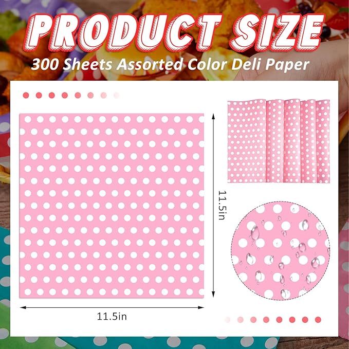Fulmoon 300 Sheets Waxed Deli Paper Sheets for Food 12 x 12 Inch Polka Dot Dry Wax Paper Greaseproof Food Basket Liners Sandwich Wraps for Wrapping Bread Baking BBQ Picnic Party (Pink)