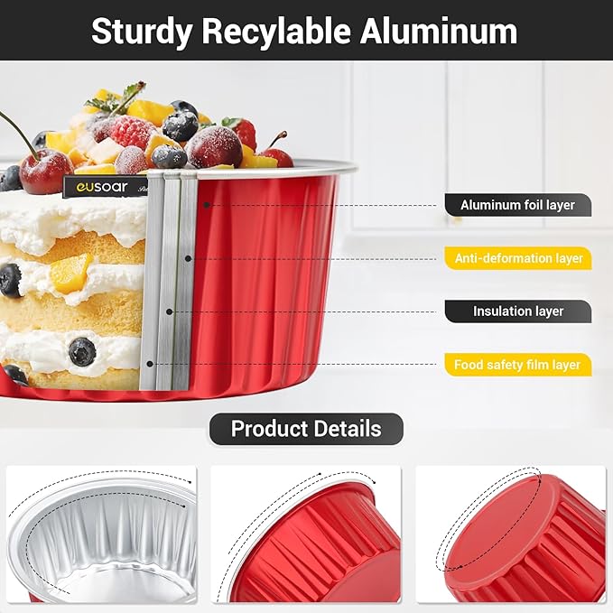EUSOAR Mini Cake Pans with Lids, 200pcs 5oz Disposable Foil Cups with Lids for Creme Brulee Flan Cheesecake Dessert, Mini Aluminum Baking Mold Container for Wedding Party Single Serving Holiday
