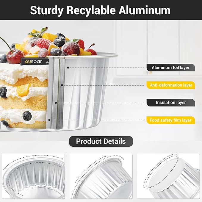 EUSOAR Foil Ramekins with Lids, 5oz 100pcs Aluminum Foil Cupcake Liners, Muffin Liners Cups with Lids, Cupcake Baking Cups Holders Cases Boxes Pans