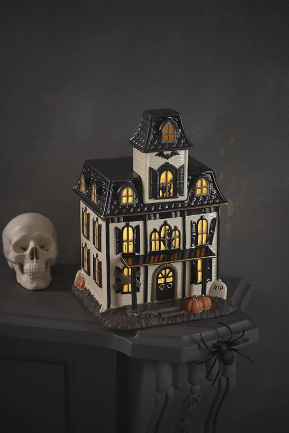 Lenox Vintage Halloween Light-Up House Figurine, 9.25-Inch, Porcelain Haunted House, Halloween Decor Indoor, Fall Decor, Spooky Indoor Decorations (1 Light-Up Figurine) 3 AAA Batteries Not Included