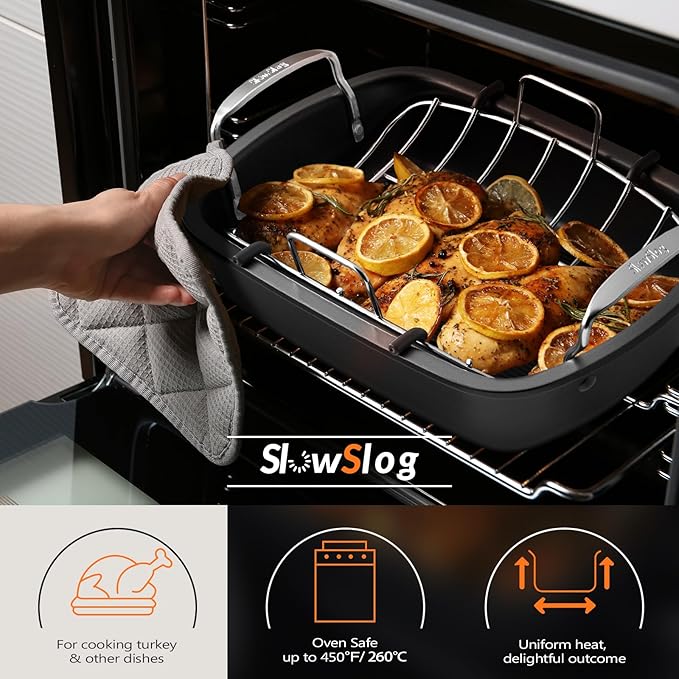 Roasting Pan, 17 Inch x 13 Inch Roaster with Removable Rack, Nonstick Roaster Pan for Roasting Turkey, Meat & Vegetables (Silver)
