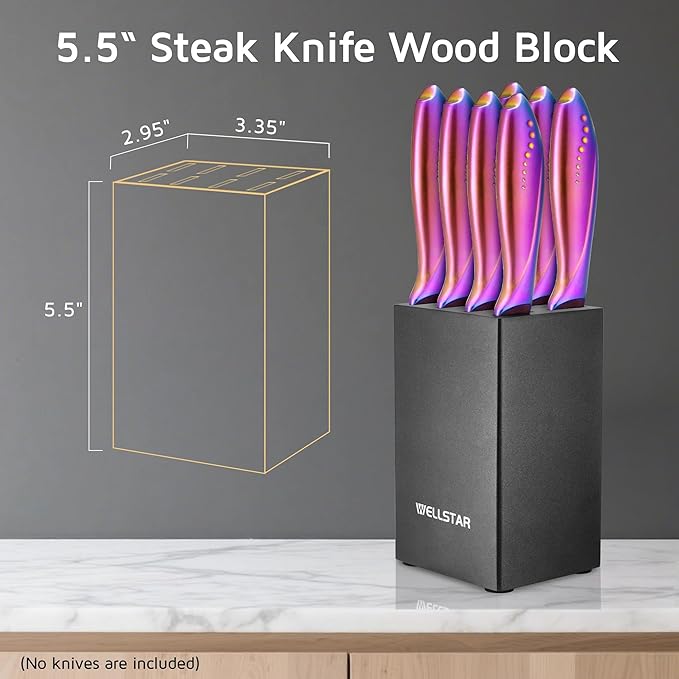 WELLSTAR 5-Inch Steak Knife Holder Only– Wooden Knife Block with 8 Slots (No Knives Included) – Compact, Space-Saving Design for 5" Steak Knives – Sturdy Wood Storage Organizer