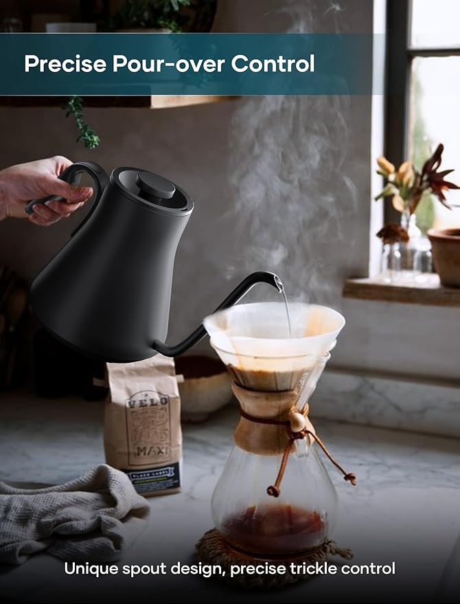 Electric Kettle, Gooseneck Electric Kettle, ±1℉ Precise Temperature Control, Stainless Steel Interior, Quick Heating for Pour Over Coffee, Tea & Boiling Water, 0.9L (Black)