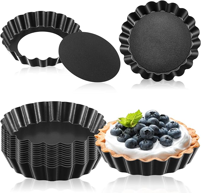 Tessco 16 Pieces Mini Tart Pans with Removable Bottom Nonstick Quiche Mini Pie Tart Pans Bakeware Mold Fluted Side for Pies(Black Gray Round,3 Inch)