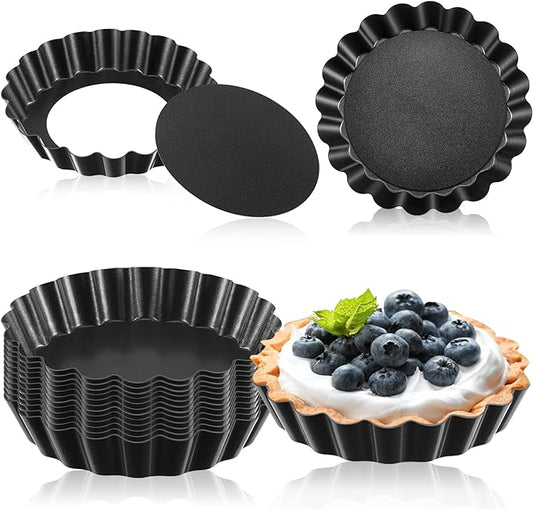 Tessco 16 Pieces Mini Tart Pans with Removable Bottom Nonstick Quiche Mini Pie Tart Pans Bakeware Mold Fluted Side for Pies(Black Gray Round,3 Inch)