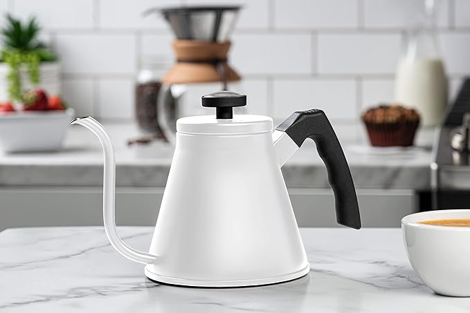 Kook Gooseneck Kettle, Kettle Stovetop, with Thermometer, Tea Pot, for Pour Over Coffee & Tea, Temperature Gauge, Electric, Compatible for Gas Stovetop, 3 Ply Stainless Steel Base, 27 oz, (White)