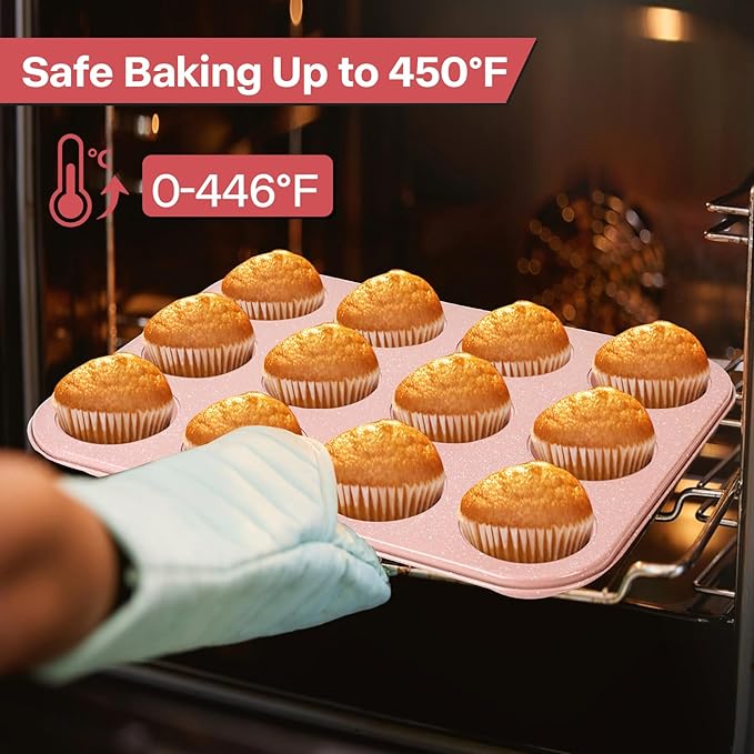2-Pack Pink Nonstick Muffin Pans, 12-Cup Muffin Cake Pan, 5-Layer Free PFOA/PFOS/PTFE Safe Cupcake Pan, Durable & Easy-Clean Muffin Cup for Baking