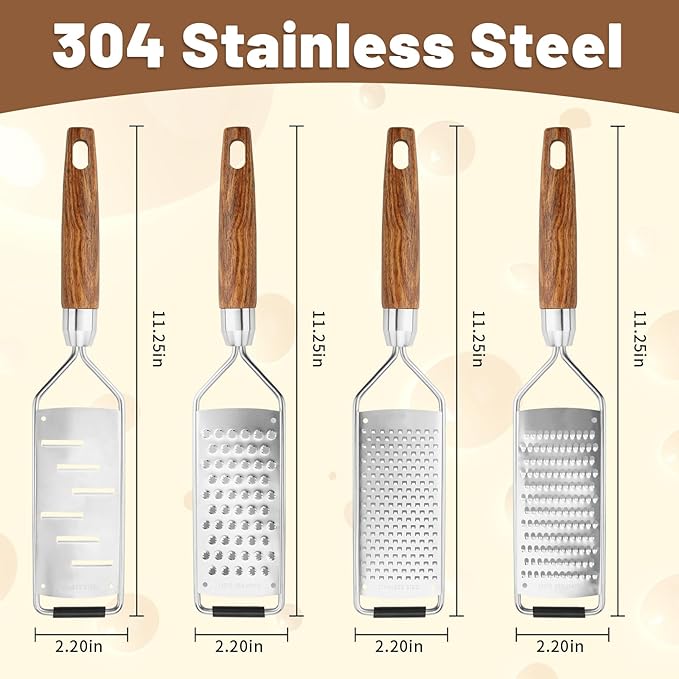 SHIKORI Stainless Steel Cheese Grater with Natural Wood Handle for Parmesan Cheese Lemon, Ginger, Cheese, Nutmeg, Potato, Chocolate and Garlic, With Protective Cover-Filaments