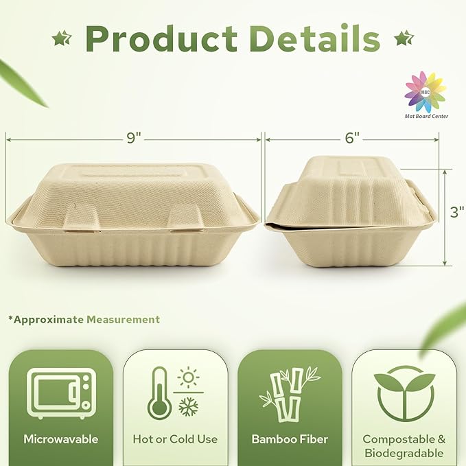 Mat Board Center, 9x 6x 3 inch, 250-Count Ribbed Hamburger Compostable Clamshell Bamware (Bamboo Fiber) Take-Out/to-Go Food Boxes-Biodegradable Containers Hinged Lid-Microwave-Safe-Gluten-Free