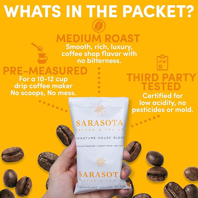 Sarasota Coffee Ground Packets | Gourmet Medium Roast Bulk Coffee Packs | Breakfast Blend | Low Acid Mold Free Singles Individual Pouches for 12 Cup | 1.75 Ounce Bags, 100 Count