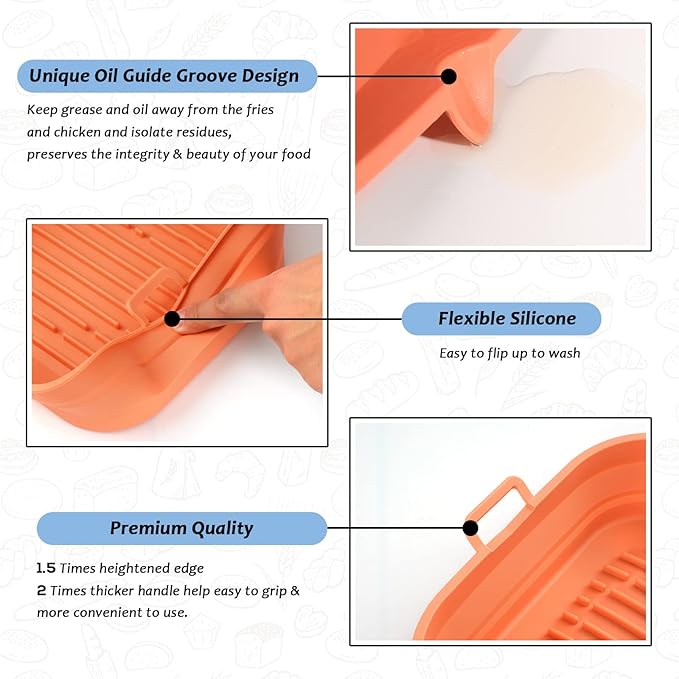 Silicone Air Fryer Liners - Square Reusable Basket - Easy to Clean Air Fryer Baking Tray, 8.5 Inch Large