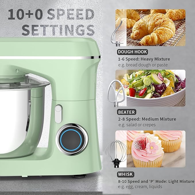 Stand Mixer, 5.5 Quart, 10 Speed Tilt-Head Kitchen Mixer, Copper Motor, Household Food Mixer with Bowl, Flat Beater, Dough Hook, Egg Whisk (450W Green)