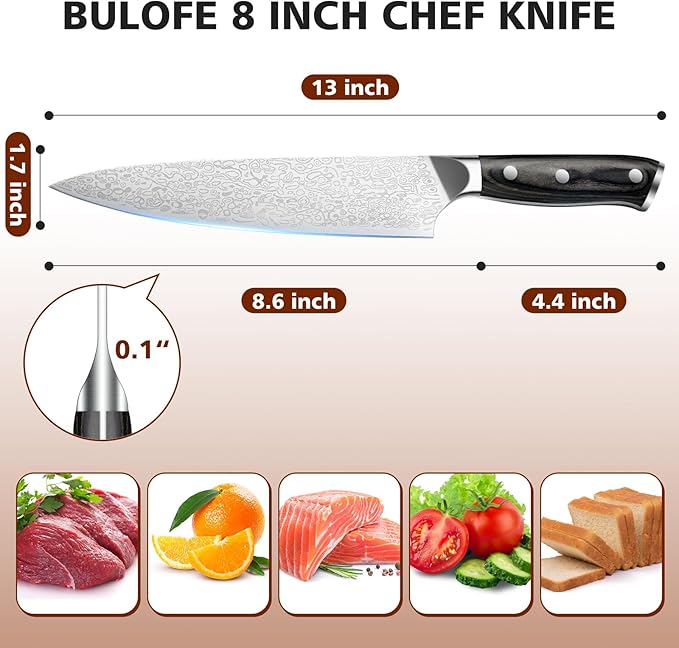 8 Inch Chef Knife, Kitchen Knife with Sharpener and Finger Guard, Professional Steel Sharp Chef's Knife Set with Ergonomic Handle, Gifts for Christmas, Black