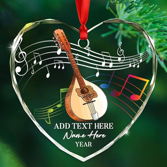 Personalized Mandolin Musical Instrument Glass Ornament, Customized Year Text Name Christmas Ornaments Gift for Mandolinist Women Men Mandolin Musical Player, Mandolins Instrument Glass Xmas Ornament