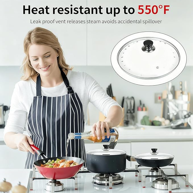 8 Inch Pan Lid, Universal Replacement Pot Lid for Frying Pans, Cast Iron Skillets, Tempered Glass Pan Cover with Steam Vent