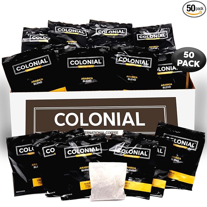 Colonial Coffee Roasters In-Room Hotel Ground Coffee Filter Portion Packs, Dark Roast, 0.50 Ounce (Pack of 50), Use with 4-Cup Drip Coffee Machine