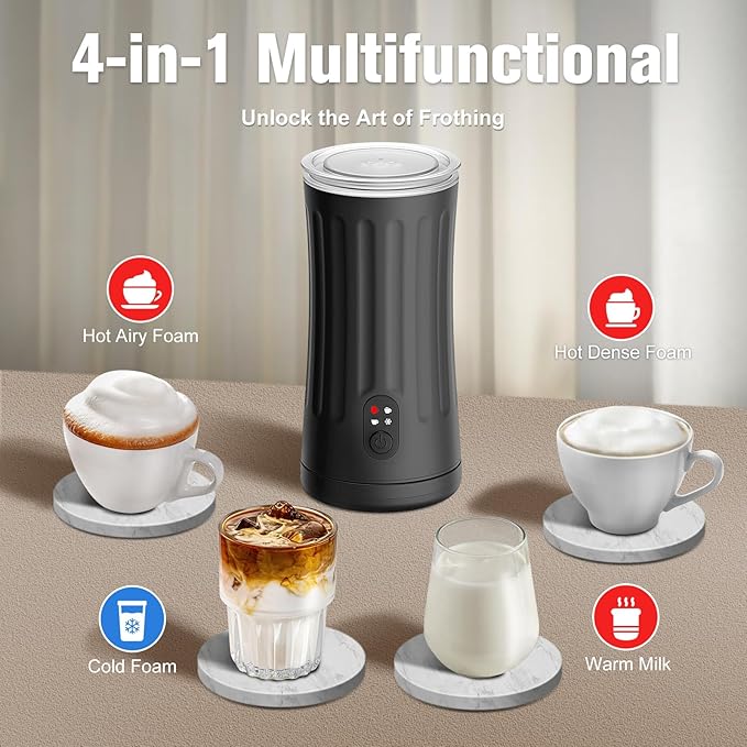Milk Frother, 4-in-1 Milk Steamer and Frother, 8.1oz/240ml Automatic Warm and Cold Foam Maker, Auto Shut-Off Frother for Coffee, Latte, Cappuccino, Macchiato(Black)