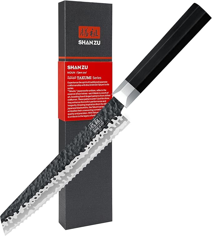 SHAN ZU Bread Knife 8 inch, Japanese High Carbon Steel 10Cr15Mov Serrated Bread Knife for Homemade, Bread Cutting Knife with Ergonomic G10 Handle, Dishwasher Safe, Best Gifts for Women & Men