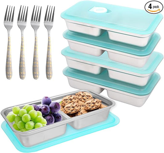 4 PCS Stainless Steel Snack Containers with Lids, Reusable Double Compartment Grab and Go Bento Lunch Box for Adult (4 Snack Containers+4 Forks)