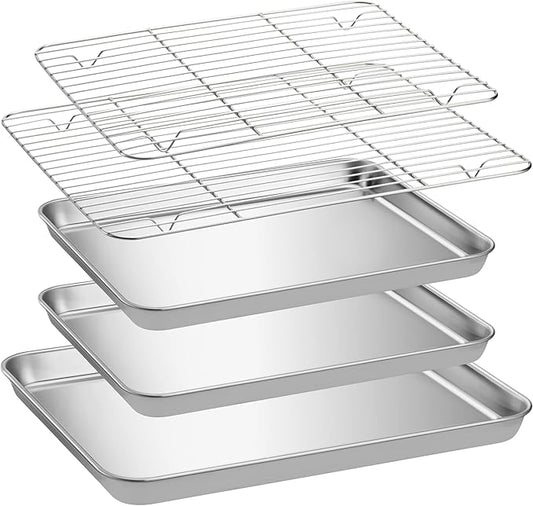 Navaris Baking Sheet Set - 2 Quarter Sheet Pans and Rack 12.2" x 9.6" x 1" (31 x 24.5 x 2.5cm) - 1 Half Sheet Tray and Rack 15.7" x 11.8" x 1" (40 x 30 x 2.5cm)