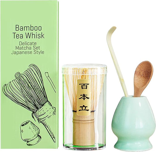 Matcha whisk set - 4pcs - Includes Bamboo Matcha whisk, scoop,spoon,Matcha Whisk Holder. Essential matcha whisk set for a traditional tea ceremony and daily use