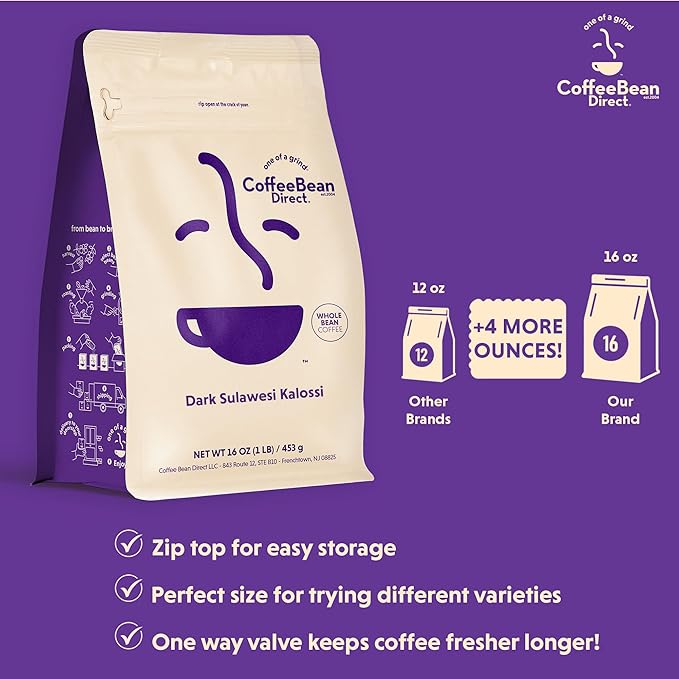 Coffee Bean Direct Dark Sulawesi Kalossi, Whole Bean Coffee, Arabica Coffee, Dark Roast, 1 Pound Bag (Pack of 1)