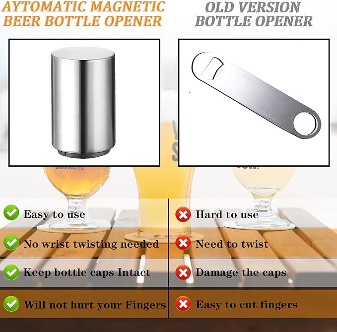 2PCS Pop-the-Top Beer Bottle Opener, Metal Automatic Magnetic Glass Bottle Cap Openers, Wine Bartender Tool Cap Catcher for Bar, Party, Wine Ceremony, Restaurant Household Utensils, Easy to Use-Silver
