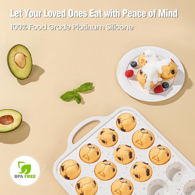 Muffin Pans With Metal Reinforced Frame - 24 Cups Durable Silicone Baking Pan for Muffins, Cupcakes, BPA Free and Dishwasher Safe - Beige with Rainbow Spots, Set of 2