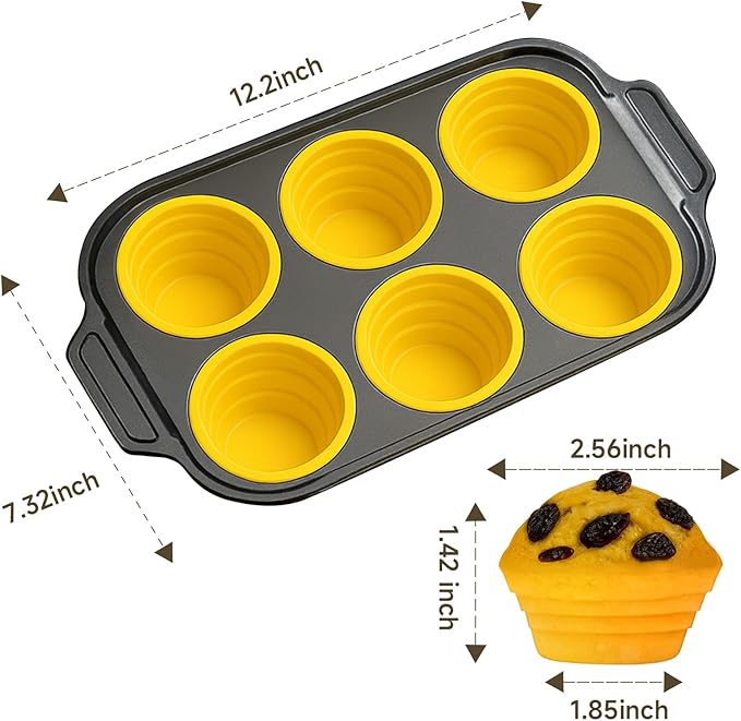 Silicone Muffin Pan for Baking with Metal Frame, Nonstick, 6 Cups Silicone Cupcake Pan, Muffin Tray,Jumbo Muffin Pan, Muffin Molds for Baking Muffins, Cupcakes, Egg Bites (Yellow, 1Pcs)