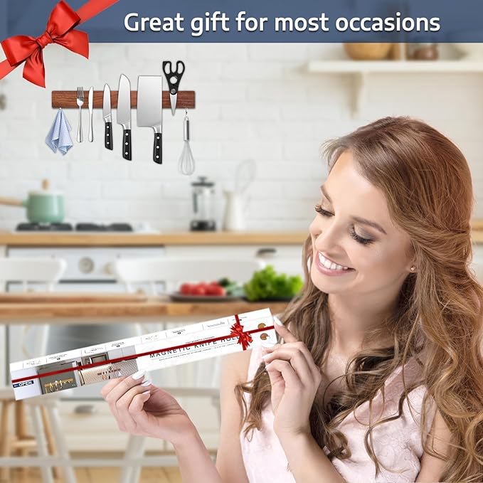 Dmore magnetic knife holder for wall—with 2 hooks, No Drilling 16 Inch walnut knife magnetic strip, Powerful knife magnet rack, include Adhesive Tape and screws for Knives, Utensils, and Tools