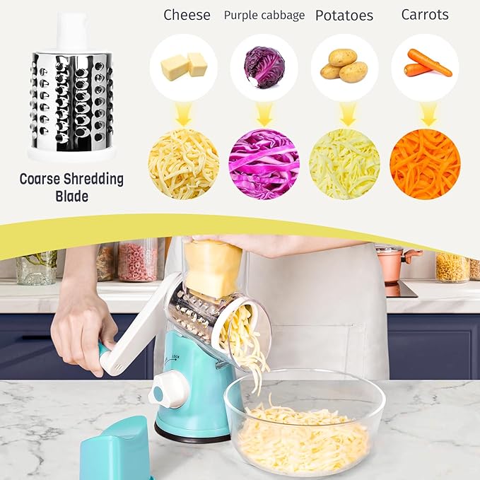 X Home Rotary Cheese Grater for Kitchen, Shredder with 3 Interchangeable Blades, Rotary Grater with Handle and Strong Suction Base, for Vegetables, Fruit, Nuts, Easy to Use and Clean, Blue