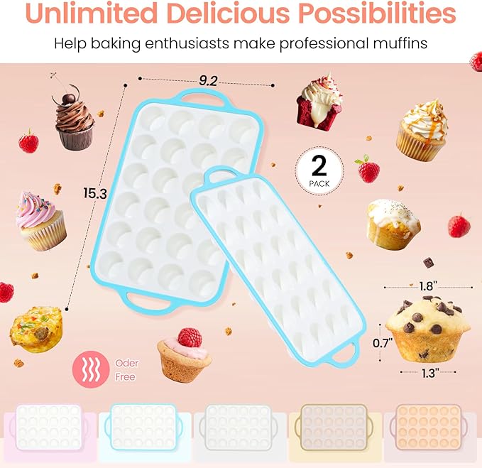 Silicone Mini Muffin Pan With Metal Reinforced Frame - 24 Cups Durable Silicone Cupcake Pan for Muffin, Cupcakes, BPA Free and Dishwasher Safe - 2 Piece Blue
