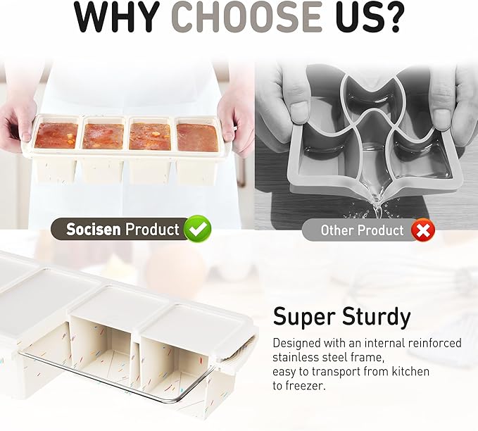 Silicone Freezer Tray with Lid Soup Freezer Container Molds with Steel Reinforced Rim Large Ice Cube Tray Makes 8 Perfect 1 Cup Portions Cubes Storage Food Soups & Meal Prep Oven & Dishwasher Safe