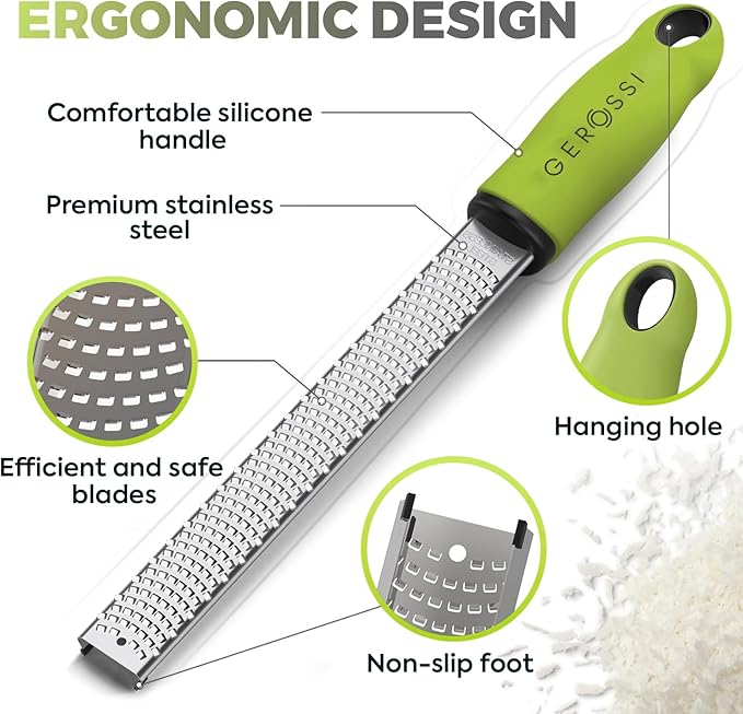 Stainless Steel Cheese Grater & Lemon Zester w/Extra Sharp Blade - Perfect for Lemon, Parmesan, Garlic, Chocolate - Spice Up any Dish in Seconds w/Your Premium Citrus Hand Grater with Handle - Green