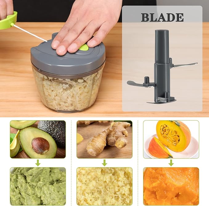 Cambom Manual Food Chopper Vegetable Cutter, Hand String Vegetable Chopper Onions Cutter for Vegetable Fruits Nuts BPA Free Food Safe Material, 650ml Gray