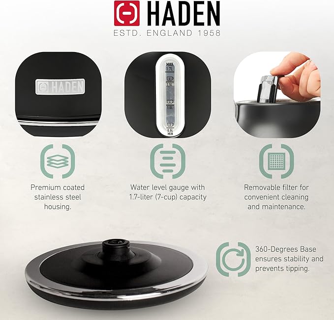Haden Heritage 4 Slice Wide Slot Stainless Steel Toaster Bundled with 1.7 Liter Stainless Steel Electric Water Kettle, Black & Chrome