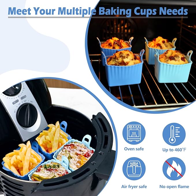 Koluti Reusable Egg Bites Silicone Mold Set of 4, Nonstick Muffin Baking Cupcake with Double Handle, Small Square Air Fryer Cupcake Liners, 2 Color