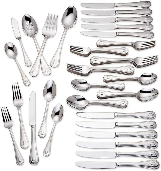 Lenox Silverware Set For 12, French Perle 65-Piece Flatware Set with Serving Utensils, Service For 12, Elegant 18/10 Stainless Steel Utensils with Beading, Knives Spoons & Forks (Silver, 65 Piece)
