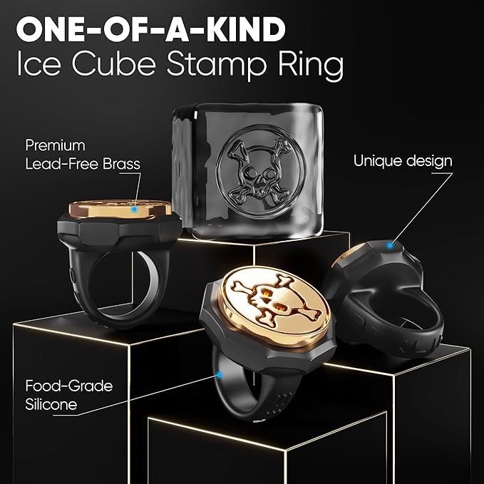 Berlinzo Ice Stamp Ring for Cube & Sphere - Custom Ice Cubes for Whiskey, Mojito Cocktails – Skull shaped Brass Ice Stamp Skull/ 3mm Depth - Black