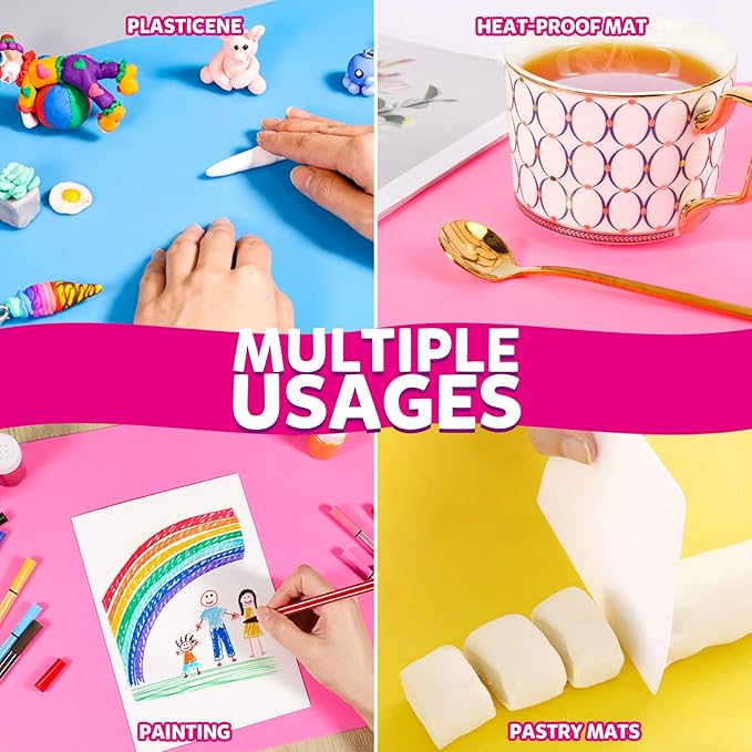 LEOBRO Silicone Mat, 3 PCS Silicone Mats for Crafts, Resin Molds, Play Dough Mat, Clay Mats, for Epoxy Resin, Crafts, Yellow & Hot Pink & Blue, 15.7”x 11.7