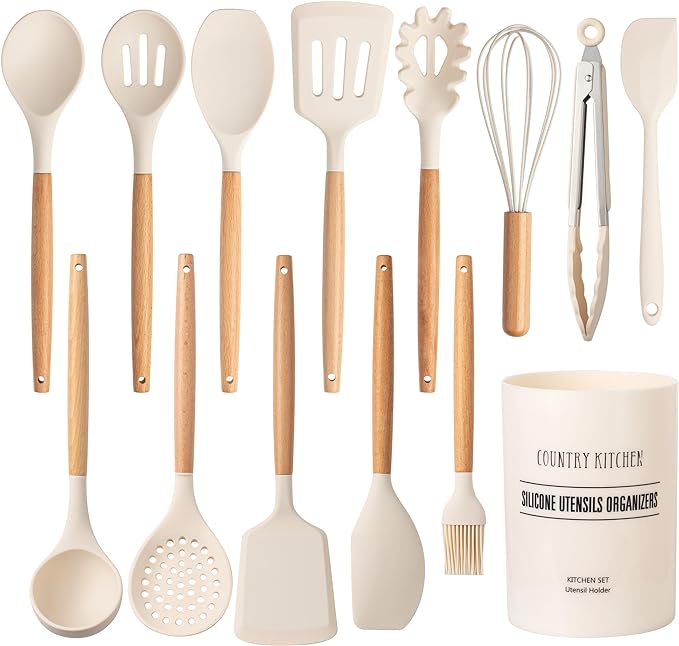 Country Kitchen Non Stick Silicone Utensil Set with Rounded Wood Handles for Cooking and Baking, 14 Piece Set, Khaki