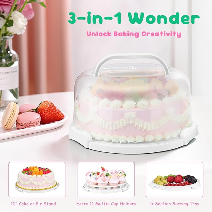 Cake Carrier With Lid And Handle, Bpa-Free Cake Holder With Lid For 10 Inch Round Cake Carrier With 10 pcs Round Golden Cake Boards And Portable Insulated Bag（White）
