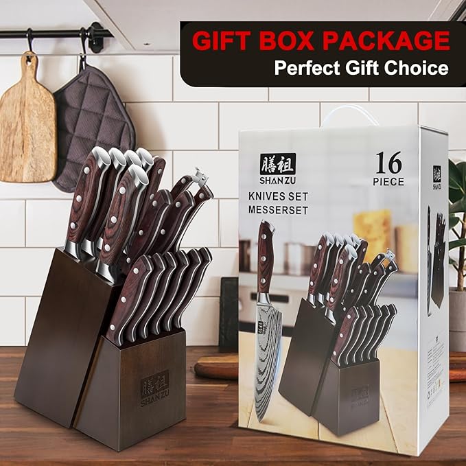 SHAN ZU Knife Set 16 pcs, Japanese Kitchen Knife with Block High Carbon Stainless Steel Ultra Sharp Knife for Kitchen, Professional Chef Knife Set with Sharpener