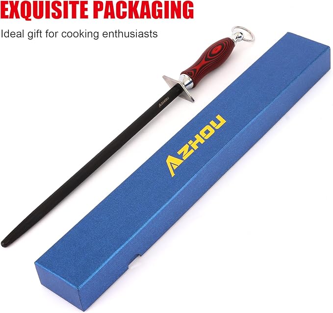 Azhou 12 Inch Superfine Sharpening Steel for Knives, HRC 66±1 German Carbon Steel Knife Sharpener with Oxidation-treated, Knife Sharpening Rod with Wooden Handle, Professional Honer Rod